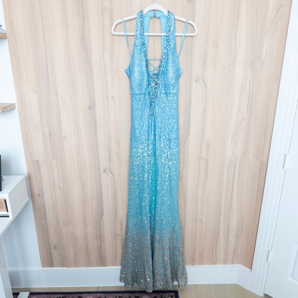 Camille La Vie Gown US 12 Blue Ombre Sequin Rhinestone Halter Lace Up Prom Glam